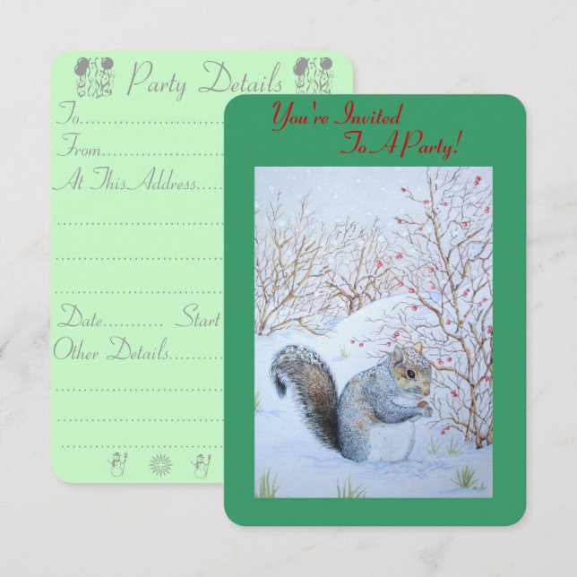 Invitation jolie écureuil gris scène de neige faune noël (Devant / Derrière)