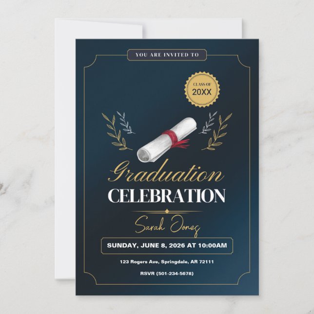 Invitation Jolie Élégante Moderne Bleu Marine Blanc Graduatio (Devant)