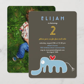 Invitation Jolie Éléphant de Dessin Animé Enfants Photo Anniv