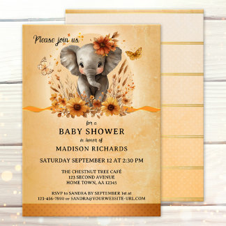 Invitation Jolie éléphant en terre cuite Baby Shower d'automn