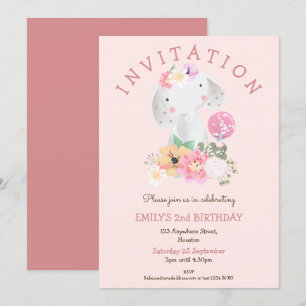 Invitation Jolie Eléphant Florals Fille 2e anniversaire Pink