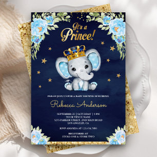 Invitation Jolie éléphant prince floral bleu marine Baby Show