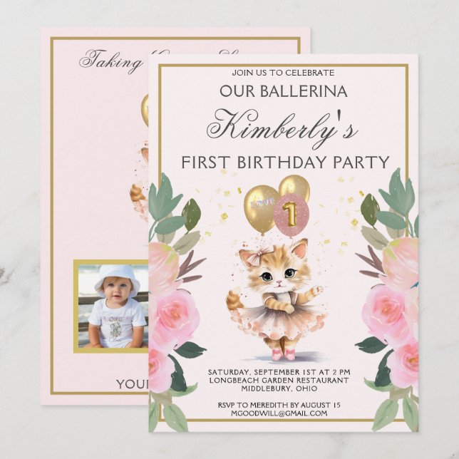 Invitation Jolie en rose Ballerina fille premier anniversaire (Devant / Derrière)