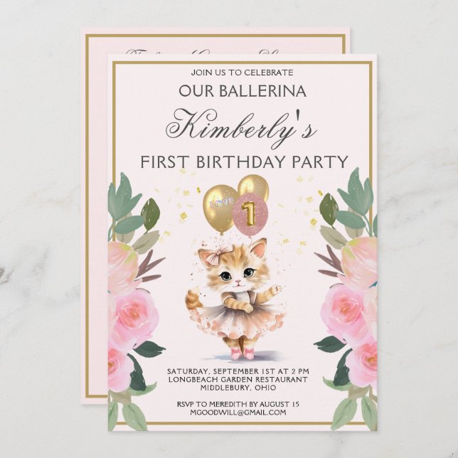 Invitation Jolie en rose Ballerina fille premier anniversaire (Devant / Derrière)