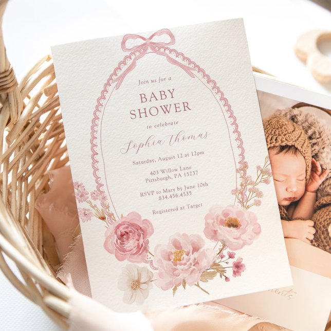 Invitation Jolie en rose Fête de bébé Florale  (Créateur téléchargé)