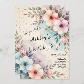 Invitation Jolie Enfants Espace Fleur thème Anniversaire