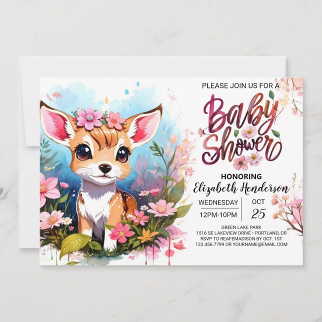Invitation Jolie Fawn Princesse Woodland Baby shower fille (Devant)