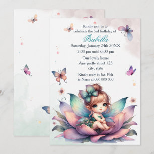 Invitation Jolie fée assise à l'intérieur d'une fleur d'anniv