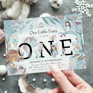 Invitation Jolie fée de forêt d'hiver pour un 1er anniversair