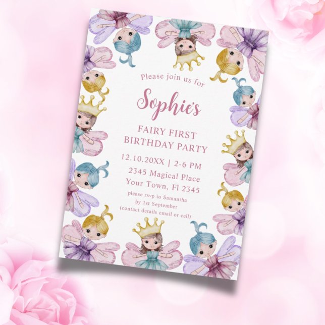 Invitation Jolie Fée Premier Anniversaire Rose Aquarelle  (Créateur téléchargé)
