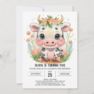 Invitation Jolie ferme fille vache anniversaire