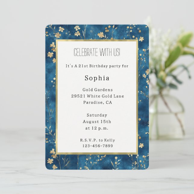 Invitation Jolie Fête Anniversaire Fleurs Bleu Or (Debout devant)