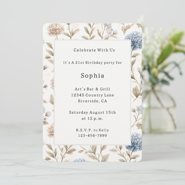 Invitation Jolie Fête Anniversaire Fleurs Bleues Crème (Debout devant)