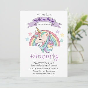 Invitation Jolie Fête Arc-en-Ciel Pastel et Licorne Brillante