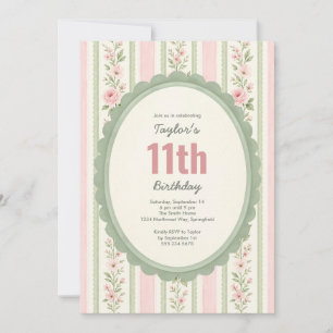 Invitation Jolie fête d'anniversaire 11 ans vintage floral