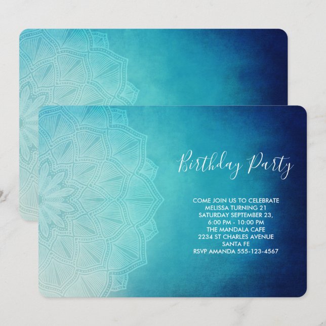 Invitation Jolie fête d'anniversaire abstraite Mandala bleue (Devant / Derrière)