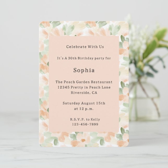 Invitation Jolie Fête d'anniversaire aux fleurs de pêche (Debout devant)