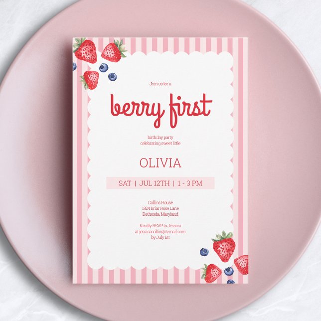 Invitation Jolie fête d'anniversaire aux fruits d'été et aux  (Cute Summer Fruit Berry First 1st Birthday Party Invitation)