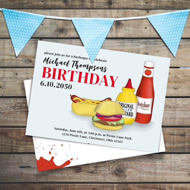 Invitation Jolie fête d'anniversaire BBQ d'été personnalisé (Birthday invitation with hamburger, hotdog, ketchup, and mustard.)