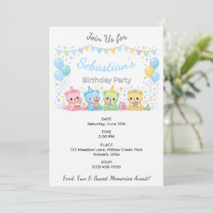Invitation Jolie fête d'anniversaire bébé ours pastel bleu