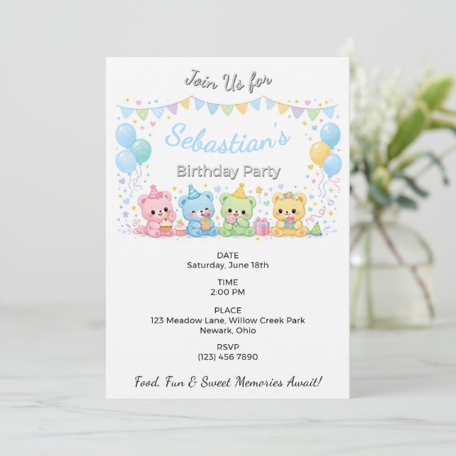 Invitation Jolie fête d'anniversaire bébé ours pastel bleu (Debout devant)