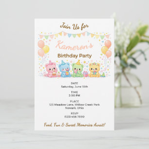 Invitation Jolie Fête d'Anniversaire Bébé Ours Pastel Neutre