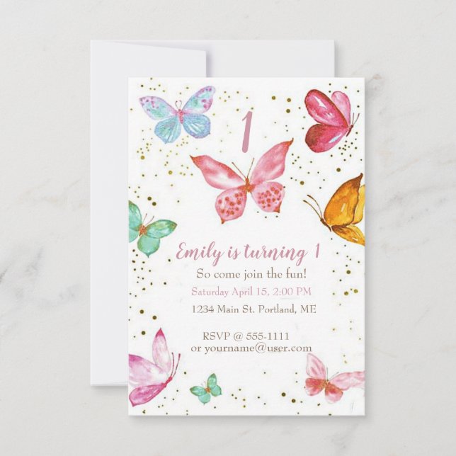Invitation Jolie fête d'anniversaire bébé papillons pastel (Devant)
