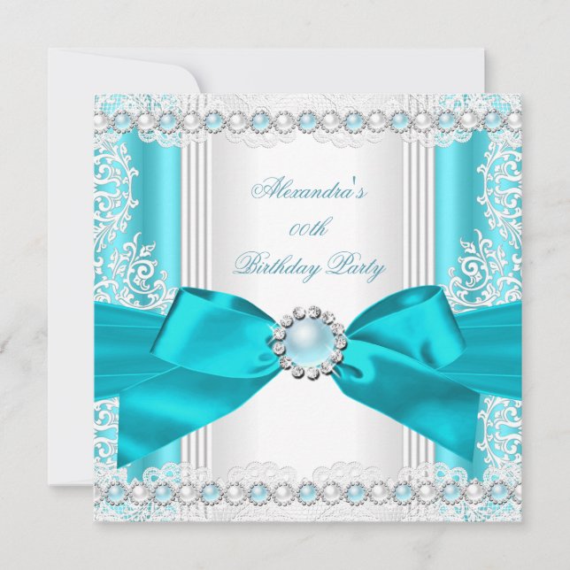 Invitation Jolie Fête d'anniversaire Bleu Turquoise Perle Bla (Devant)
