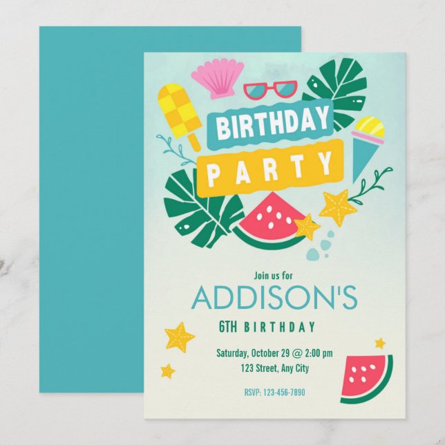 Invitation Jolie fête d'anniversaire colorée tropicale d'été  (Devant / Derrière)