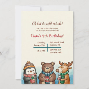 Invitation Jolie Fête d'Anniversaire d'Animaux d'Hiver