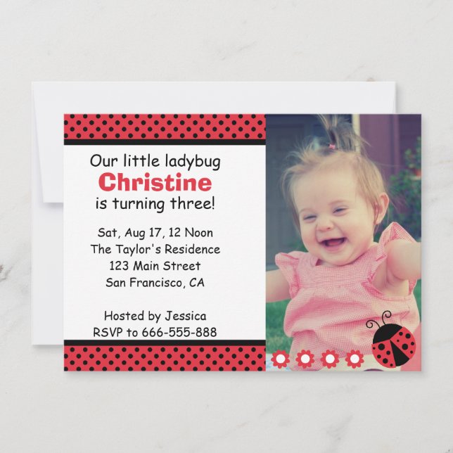 Invitation Jolie fête d'anniversaire de coccinelle, 3 ans, po (Devant)