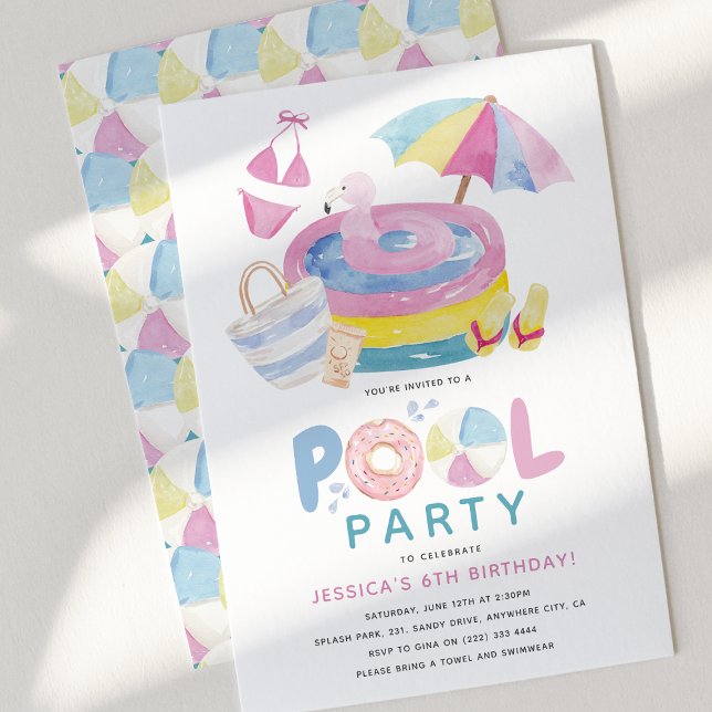 Invitation Jolie fête d'anniversaire de fille au bord de la p (Cute Girly Pool Party Birthday Invitation)