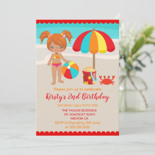 Invitation Jolie Fête d'Anniversaire de Fille de Plage d'Été