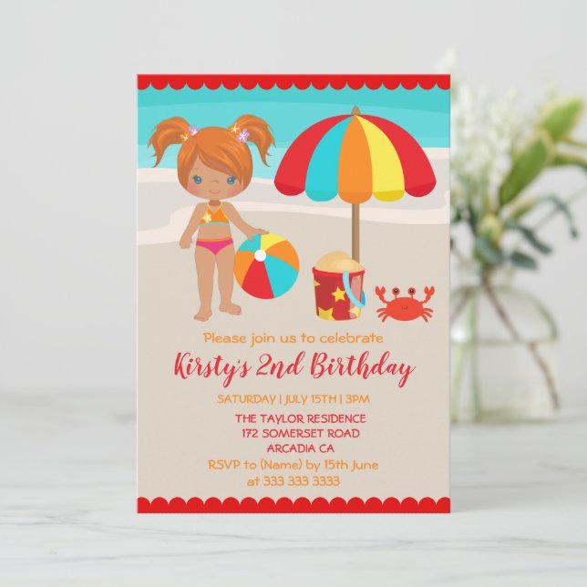 Invitation Jolie Fête d'Anniversaire de Fille de Plage d'Été (Debout devant)