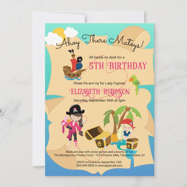 Invitation Jolie fête d'anniversaire de fille Pirate Rose sur (Devant)