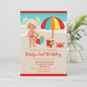 Invitation Jolie Fête d'Anniversaire de Fille sur la Plage d'