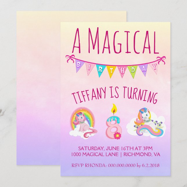 Invitation Jolie fête d'anniversaire de l'Unicorne pour 8 ans (Devant / Derrière)