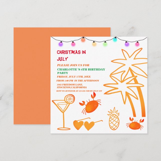 Invitation Jolie fête d'anniversaire de Noël en juillet  (Devant / Derrière)