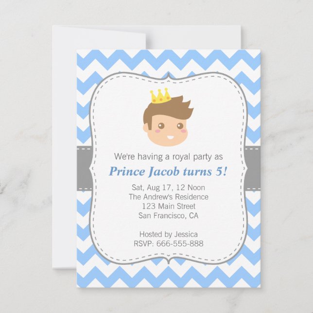 Invitation Jolie fête d'anniversaire de prince, chevron bleu  (Devant)