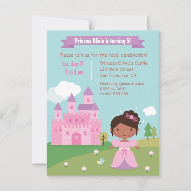 Invitation Jolie fête d'anniversaire de princesse afro-améric (Devant)