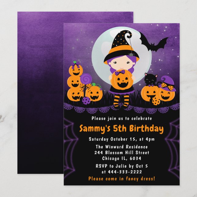Invitation Jolie fête d'anniversaire de sorcière et de citrou (Devant / Derrière)