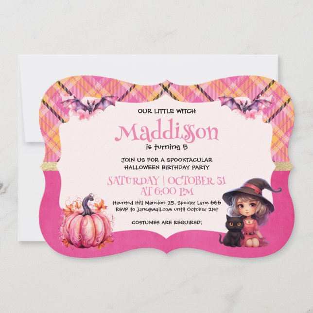 Invitation Jolie fête d'anniversaire de sorcière Halloween (Devant)