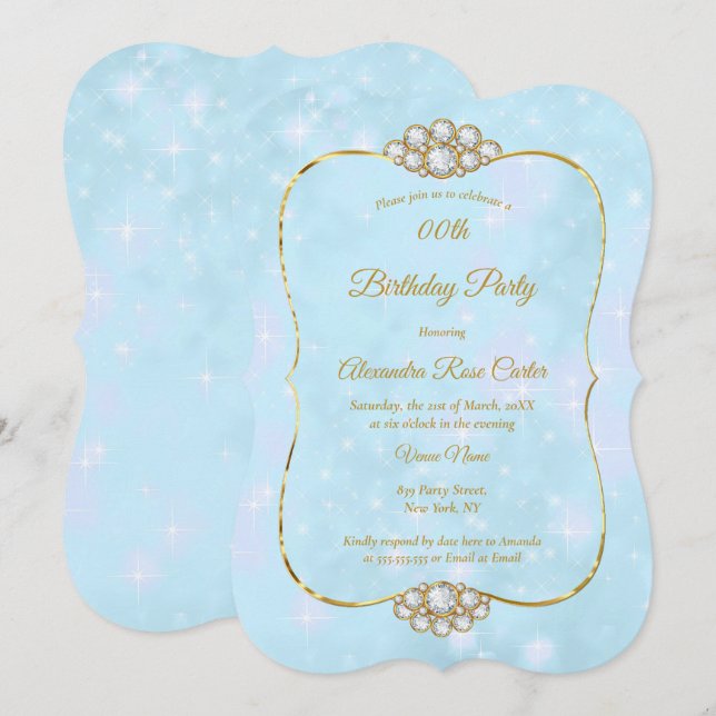 Invitation Jolie fête d'anniversaire Diamant Bleu Or (Devant / Derrière)