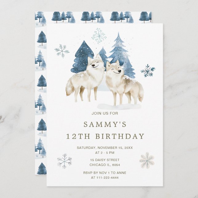 Invitation Jolie fête d'anniversaire du loup arctique hiverna (Devant / Derrière)