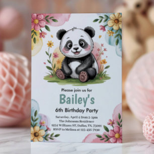Invitation Jolie fête d'anniversaire enfant panda fleurs 6 an