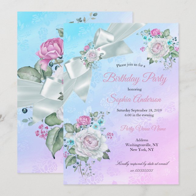Invitation Jolie fête d'anniversaire fleurs bleues sarcelle v (Devant / Derrière)