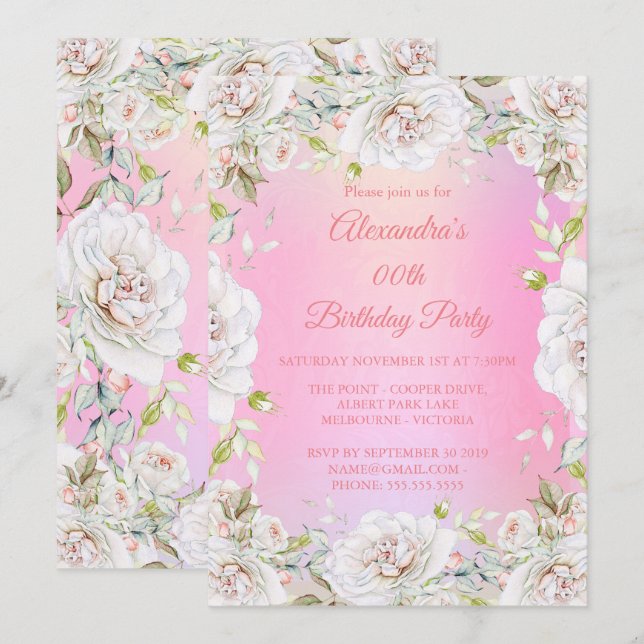 Invitation Jolie fête d'anniversaire Floral rose Roses blanch (Devant / Derrière)