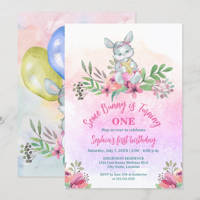 Invitation Jolie fête d'anniversaire florale de Some Bunny (Devant / Derrière)