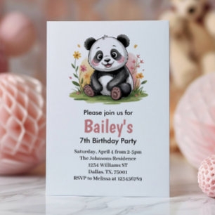 Invitation Jolie Fête d'Anniversaire Florale Enfant Panda