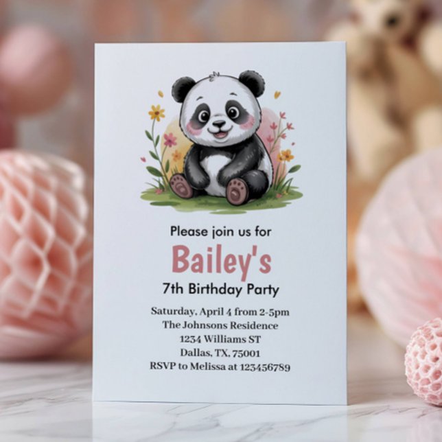 Invitation Jolie Fête d'Anniversaire Florale Enfant Panda (Créateur téléchargé)
